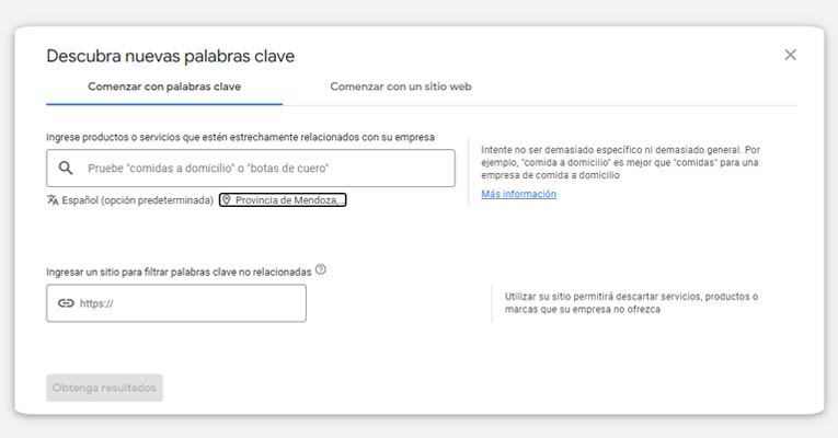 Seleccionando idioma y geolocalización en el planificador de palabras clave